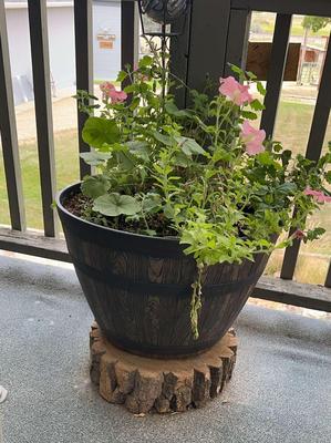 Faux Barrel Planter With Flowers