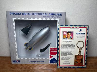 Diecast Goodyear Blimp Postage Stamp Collection & Elvis Keychain Postmark Collection