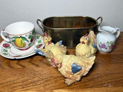 Goofy Vintage Ceramic Chicken Decor, Small Teacup & Mini Brass Tub