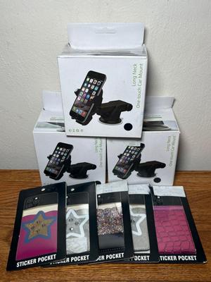 3 NIB Long Neck One-Touch Phone Car Mounts & 5 NIP Phone Sticker Pocket