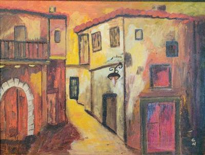 FRAMED PAINTING IN REDS AND ORANGES 