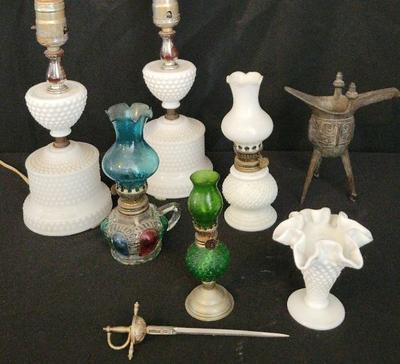 VINTAGE MINIATURE OIL LAMPS, MILK GLASS LAMPS, AND MORE