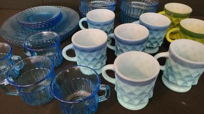 BLUE AND GREEN FIRE-KING MUGS AND BLUE FORTECRISA DISHES