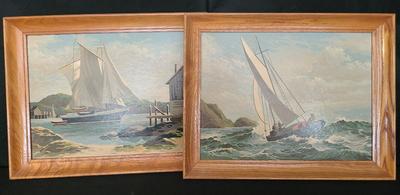 TWO VINTAGE PAINT-BY-NUMBER SAILBOAT PAINTINGS