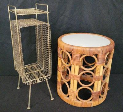 MID-CENTURY MODERN MAGAZINE RACK WITH WICKER SIDE TABLE 