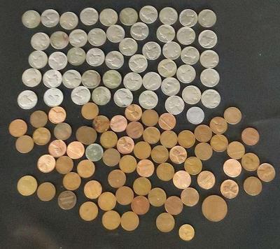 COLLECTION OF NICKELS, PENNIES, AND FOREIGN COINS