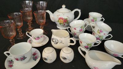PRETTY PINK TEA SET, MUSICAL TEA POT, AND GLASS GOBLETS
