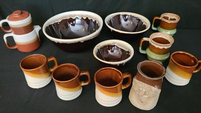 BROWN DRIP GLAZE CERAMIC NESTING BOWLS WITH MUGS AND TEA POT