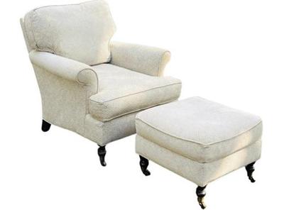 Club Chair & Ottoman With Spool Foot & Brass Caster Design - Beige Patterned Upholstery