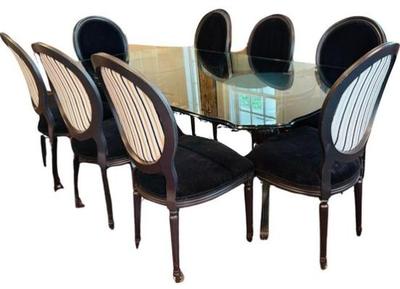 Glass Dining Table & Eight Regency Style Balloon Back Chairs