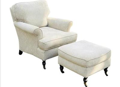 Club Chair & Ottoman With Spool Foot & Brass Caster Design - Beige Patterned Upholstery