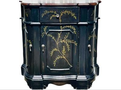 Ebonized Cabinet With Foliate Detailing, Stained Wood Surface, Bracket Feet
