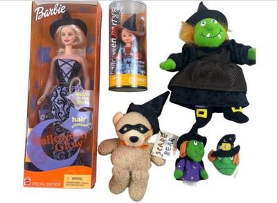 Halloween Barbie & Kelly Dolls, Scare Bear, Gund Witch & Gund Finger Puppet & Pin