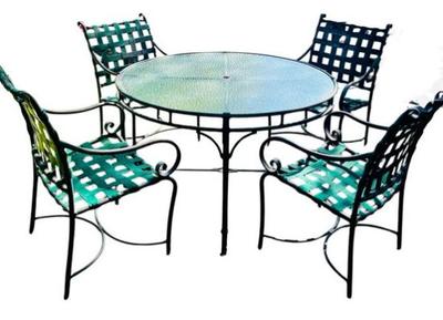 Outdoor Iron Patio Table & Arm Chairs With Woven Seats & Back Rests - Glass Table Surface