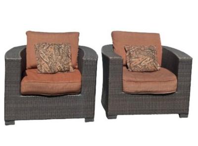 Two Wicker Club Chairs With Cushions & Pillows