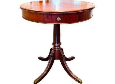 Antique Duncan Phyfe Style Side Table - Solid Mahogany With Brass Tipped Feet - One Drawer