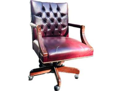 Classic Tufted Leather Office Arm-Chair With Brass Nail Studs - On Wheels
