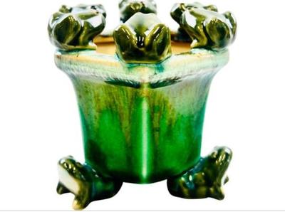 Small Hexagonal Pottery Cache Pot With Frogs Along Border & At Base - Nice Green Glaze