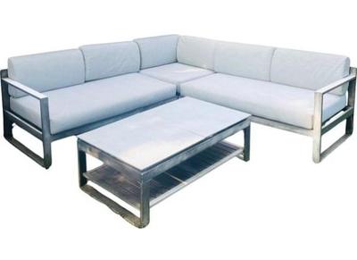 Outdoor Sectional Set With Light Gray Cushions And Height Adjustable Coffee Table