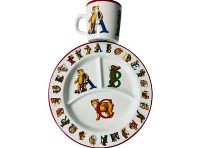 Tiffany & Co. Porcelain Child's Set - Mug & Plate - Signed "Tiffany & Co - Alphabet Bears 1994 Japan"