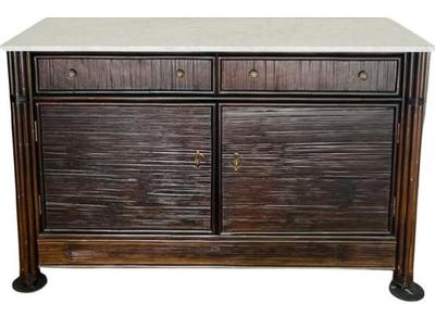 Ficks & Reed Marble Topped Cabinet - Bamboo Wood Grain Finish & Pilasters - Brass Pulls - Signed Inside Draw