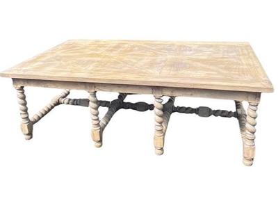 Wooden Coffee Table With Inlaid Surface, Barley Twist Legs, & Cross Stretcher Base