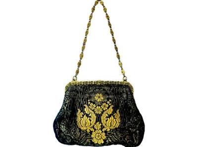 Vintage Gold Lame & Black Tapestry Style Handbag With Original Purse Mirror - Filigree Gold Chain Link Handle