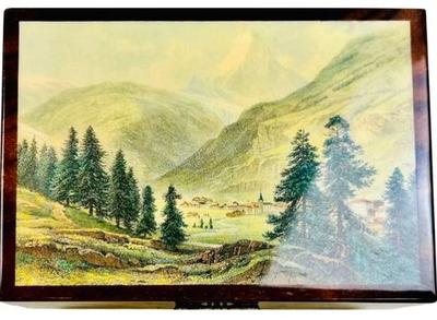 Swiss Music Box - Image Of The Alps & Matterhorn - Beautiful Wood Grain - Elegant Piece - Plays "Edelweiss"