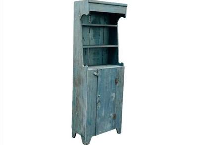 Primitive Stepback Cupboard In Original Blue Paint