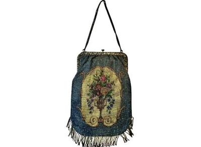 Antique French Fringed Beaded Purse - Original Kid Leather Trimmed Mirror - Signed "made In France"