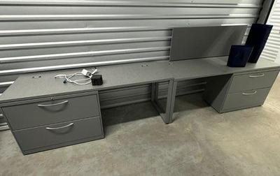 Pair of gray metal student desks with drawers