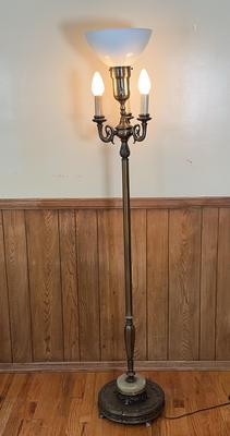 Vintage Brass Torchiere Floor Lamp with Ornate Base & Candelabra Lights