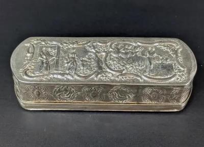 Antique dutch silver genre scene hand chased long trinket box