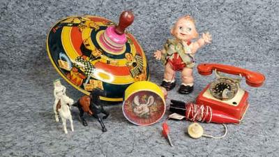 Vintage tin toys doll, games