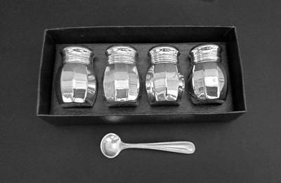 A salt spoon and empire sterling silver salt pepper shakers