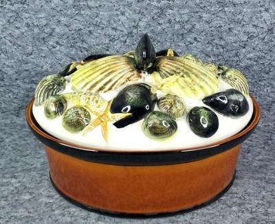 Shellfish themed lidded ceramic crock tureen