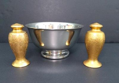 Golden salt pepper shakers, pewter bowl
