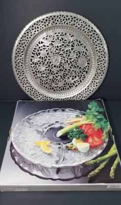 Crystal chip dip platter, metal filigree decorative plate