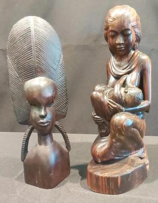 HAND-CARVED WOODEN SCULPTURES - WOMAN BREASTFEEDING AND FEMALE TRIBAL