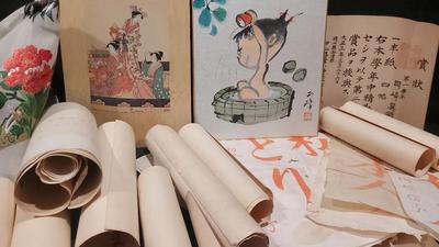 ASIAN SCROLLS WITH WRITING, EMBROIDERED ART PIECE AND MORE