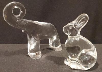BODA ELEPHANT AND BACCARAT CRYSTAL RABBIT SCULPTURES