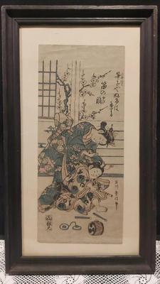 FRAMED WOOD BLOCK PRINT AND CROCHETED LACE