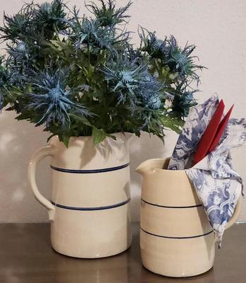 Marshall pottery 2 signed crocks blue stripe