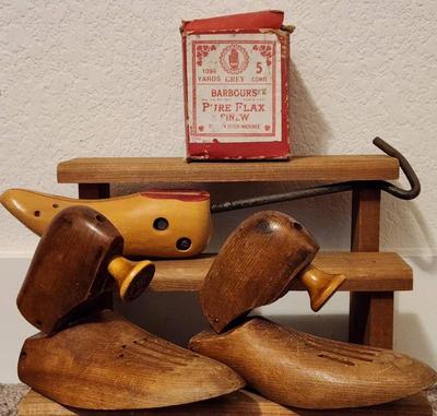 Vintage cobbler tools a wooden stretchers flax shoelaces