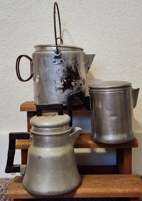 Vintage aluminum coffee pots a with filters wire handles