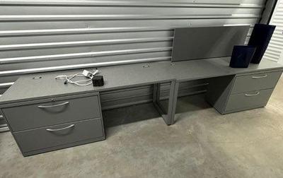Pair of gray metal student desks with drawers
