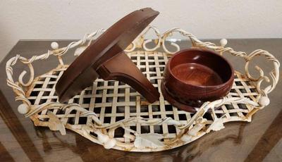 Large metal table tray plus wooden shelf dish
