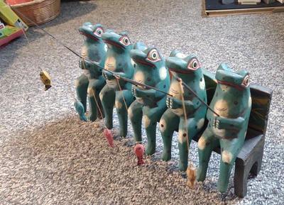 Sale Photo Thumbnail #410: Folk Art Wood Carved Fishing Frogs