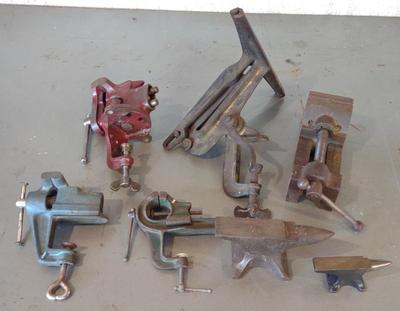Sale Photo Thumbnail #166: 7 Clamp Style Bench Vises & Small Anvils