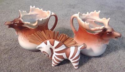Sale Photo Thumbnail #520: 2 Figural Moose Creamers & Zebra Toothpick Holder